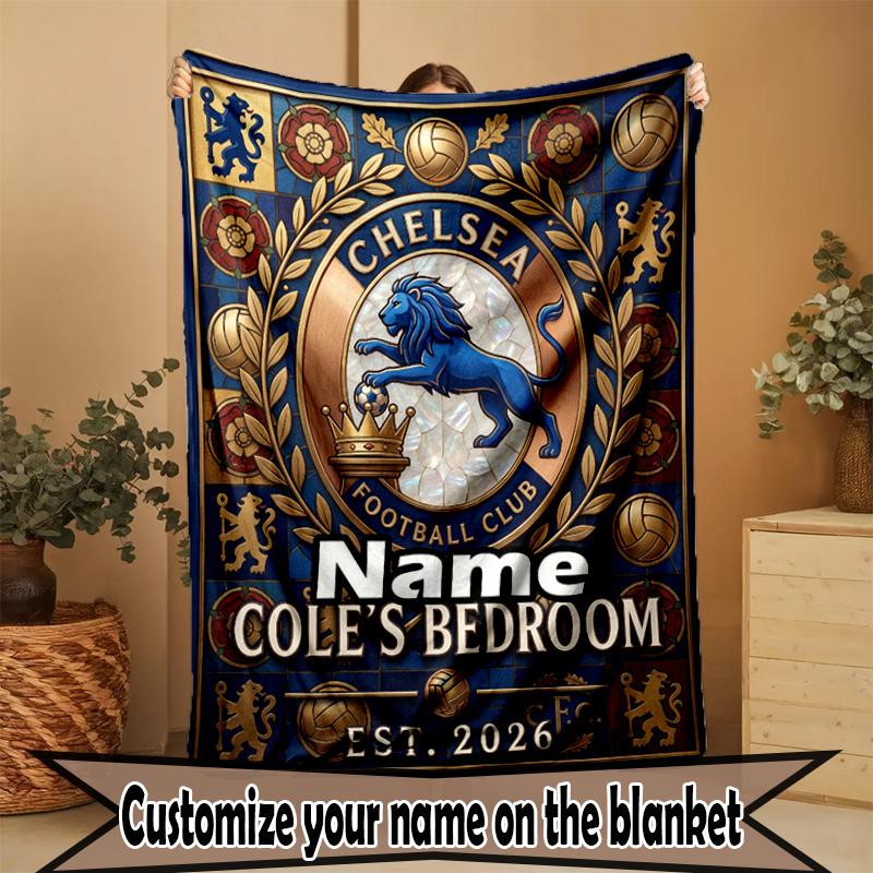 Custom Name Personalized Chelsea Football Club Print Blanket, Home Decor, Bedroom, Sofa, Camping, Couch, Gifts for Birthday Christmas