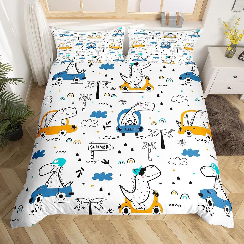 Cute Dinosaur Duvet Cover King Queen Kawaii Cartoon Wild Dino Bedding Set For Kids Boys Girls Jungle Animals Comforter Cover