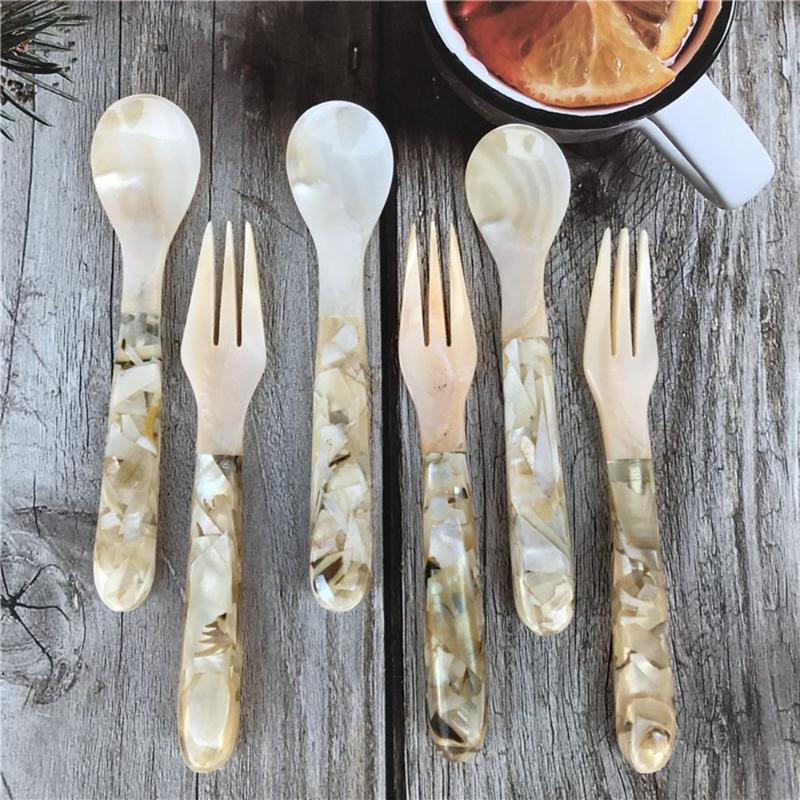Natural Shell Resin Spoon Fork Reusable Washable Tableware for Coffee Dessert Mixing Kitchen Daily Use