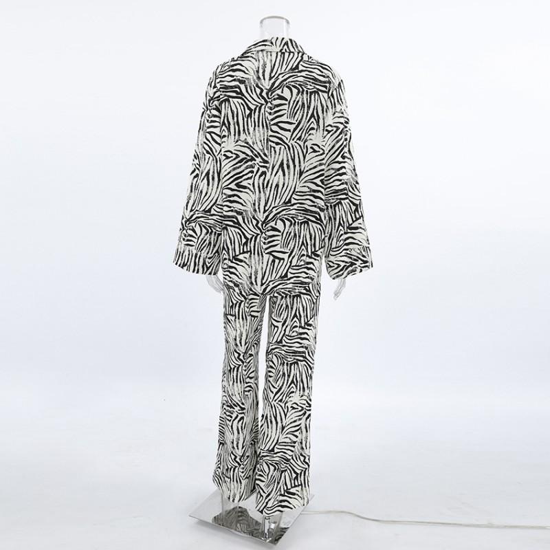 Womens Zebra Print Casual Streetwear Two-Piece Set Loose Fit Long Sleeve Top Straight Leg Pants