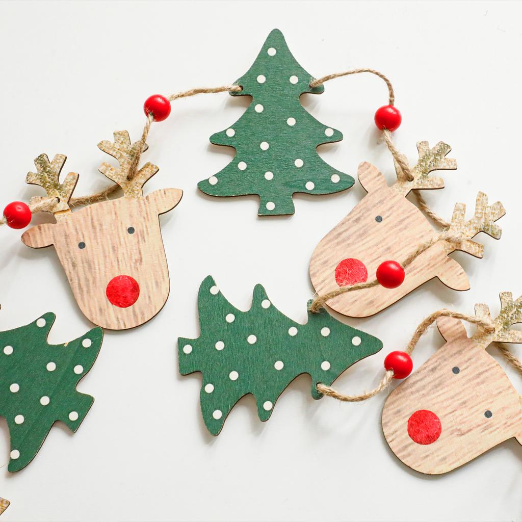 Christmas Wooden Garland with Reindeer & Tree Ornaments Jute Rope Hanging Banner Cute Festive Fireplace & Home Party Decoration