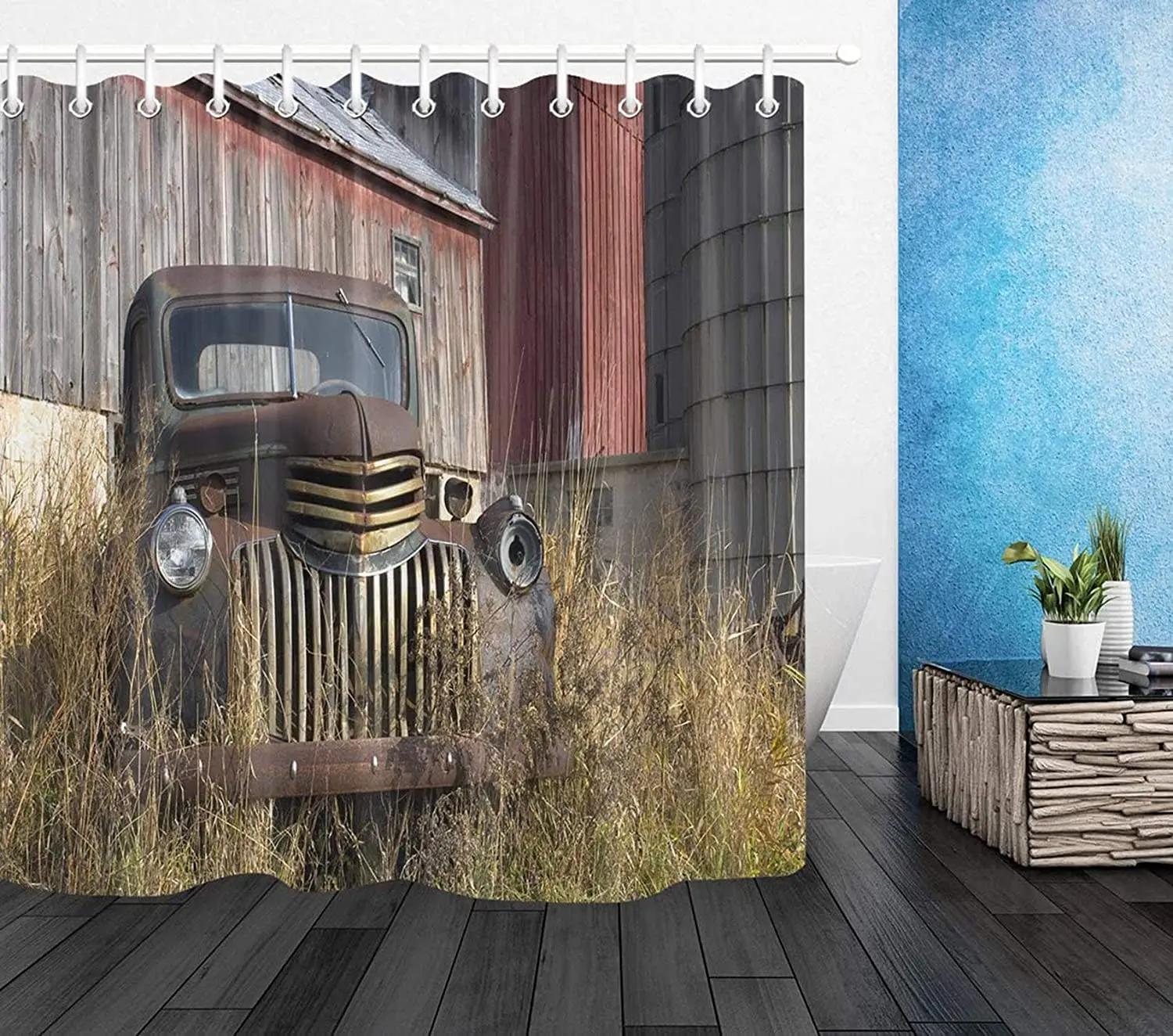 

Car Farm Truck Shower Curtain Vintage American Classic Old Truck Farm Rustic Farmhouse Fabric Bathroom Decor Bathtub Curtains W60H190(CM)-1 Pcs