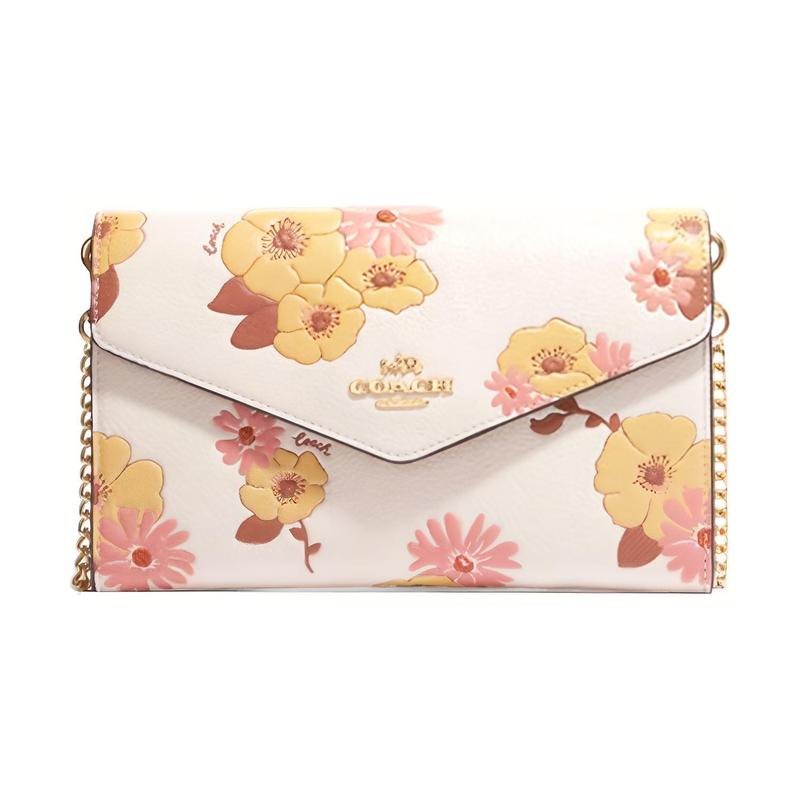 COACH Envelope 21 Floral Print Flap Chain Leather Envelope Bag Clutch Wallet Small Women White белый