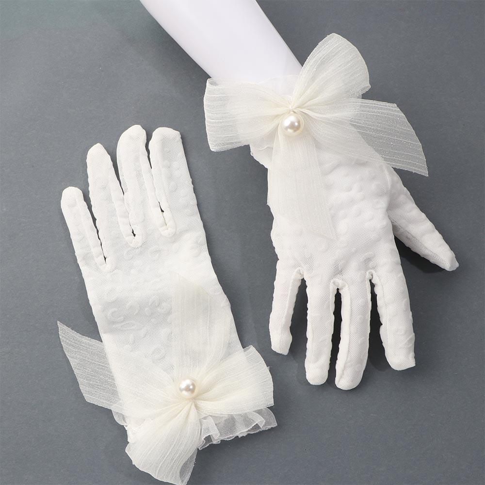 Elegant Sunscreen Women Girls Pearls Wedding White Gloves Bridal Mittens Ruffle Lace Bow Gloves