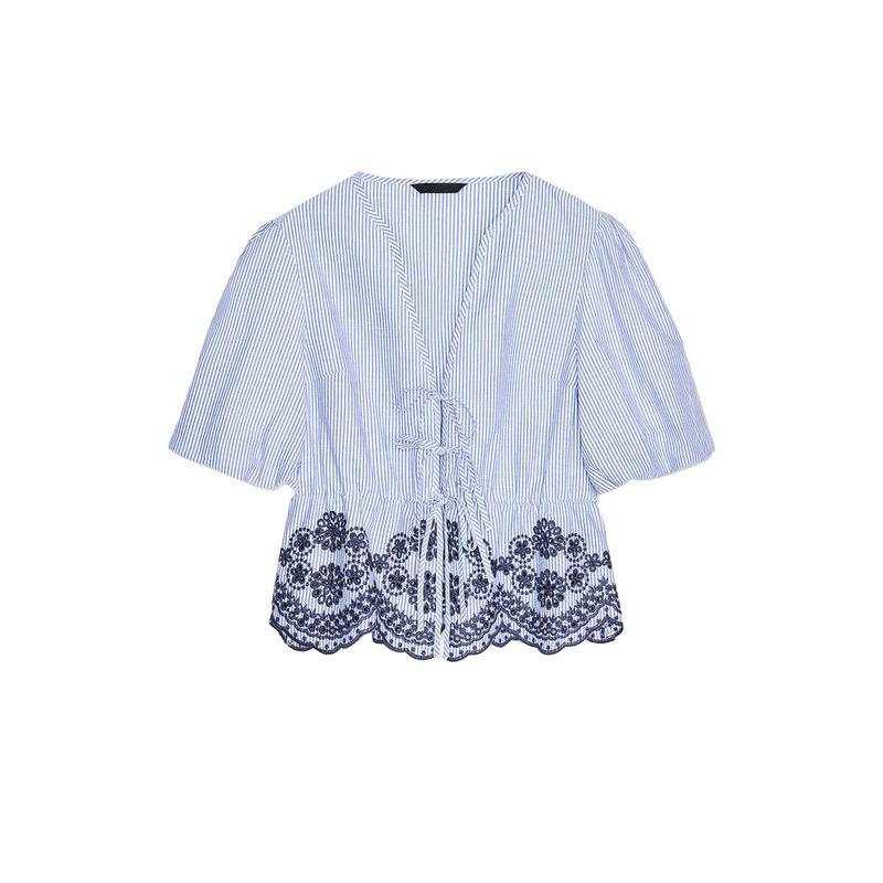 Cotton Embroidery Stripe V-neck Top 3402932 Cotton Embroidery Stripe High Waist Wide Leg Pants 3399932