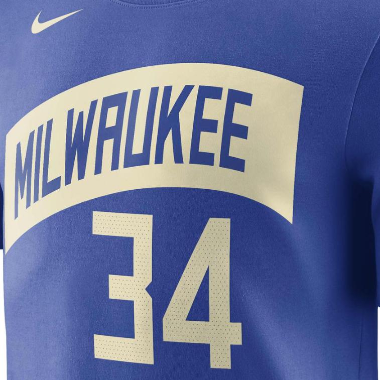Nike Giannis Antetokounmpo Milwaukee Bucks City Edition Letter Number Print Ribbed Crew Neck Knit Short Sleeve T-Shirt Men Tops Dark-Blue FN1226-482