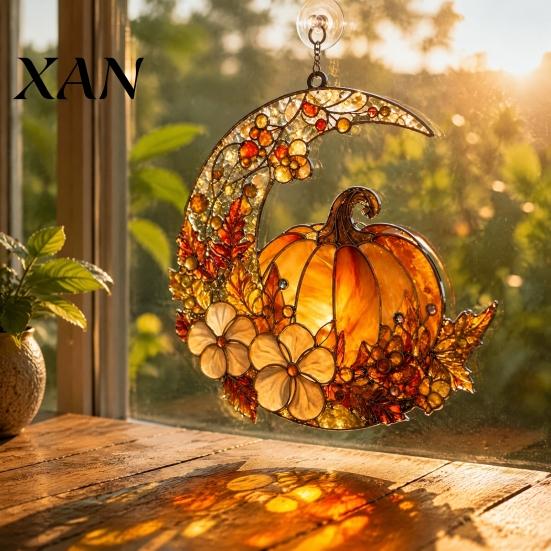 Light Catching Decorative Hanging Pendant Stained Glass Pumpkin Moon Suncatcher, Acrylic Crescent Window Decor with for Fall Parties Flowers