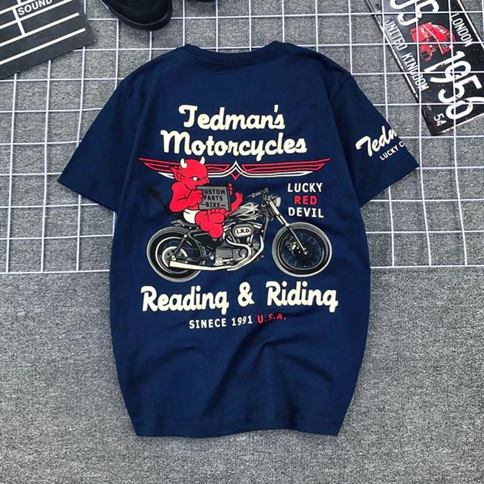 Japanese Trendy Brand Lucky Ghost Little Devil Print Retro Motorcycle Kaji Short-sleeved T-shirt Pure Cotton Men and Women