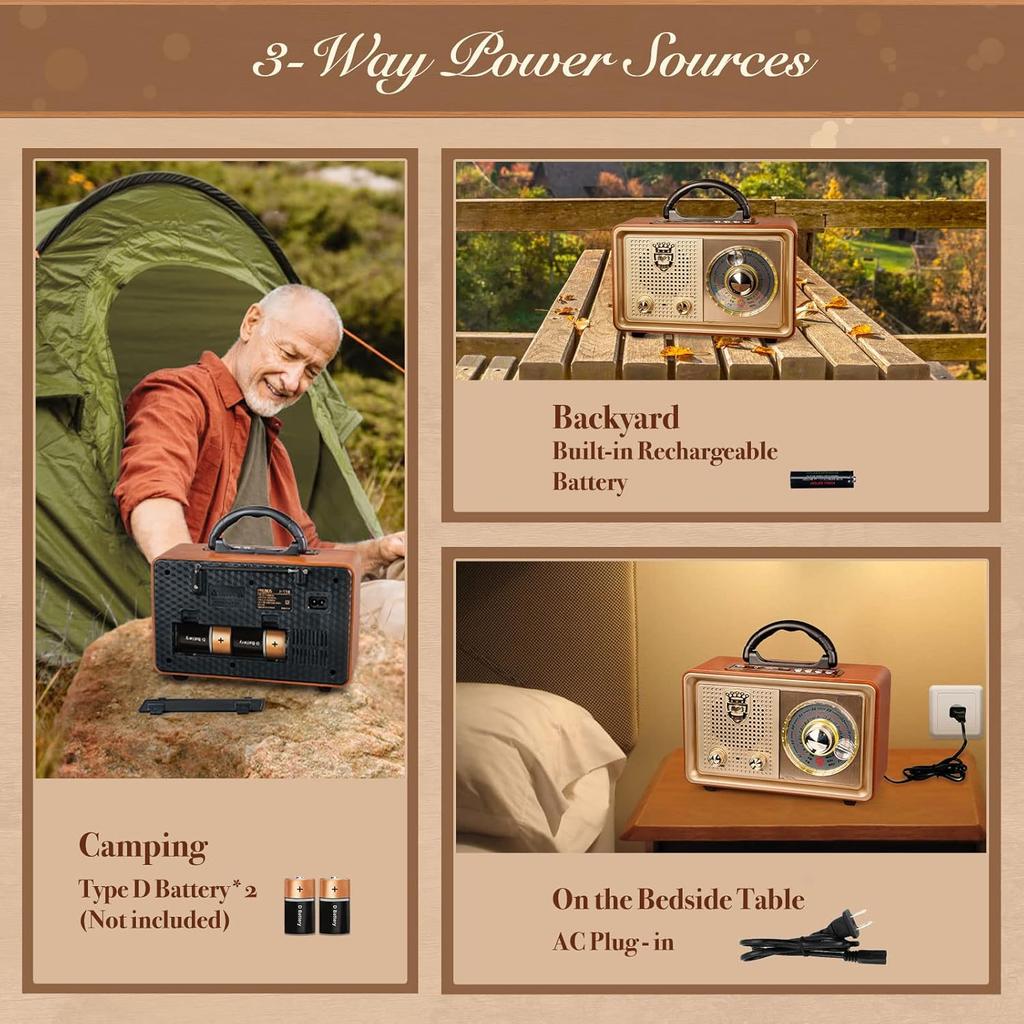 AM/FM/SW Retro Radio with Bluetooth, 3 Power Supply Options, Wood Effect Housing, 5W Speaker with Improved Bass, Supports USB/TF/AUX