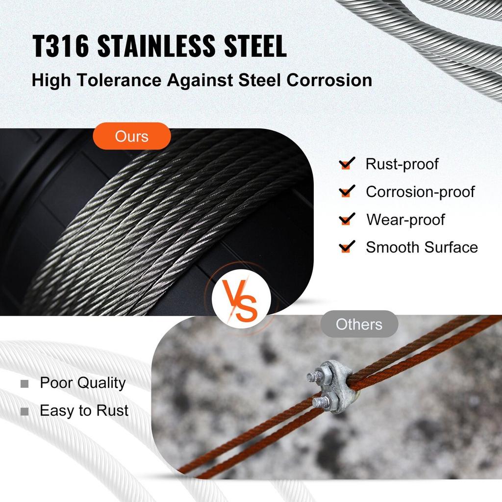 T316 Stainless Steel Cable 1/8" 7x7 Steel Wire Rope Cable 500FT Cable Railing Transport Wire Rope Cable for Railing Decking DIY Balustrade