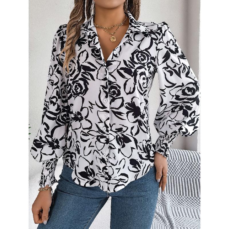 2026 Spring/Summer Elegant Contrast Color Floral Lantern Sleeve Turn-down Collar Shirt Casual Breathable Women's Top
