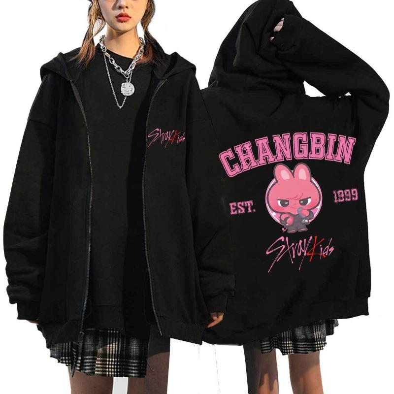 Maglione con cappuccio e cerniera loose Stray Kids versione Q stampato Harajuku maglione con cappuccio maglione con cerniera maglione all'ingrosso
