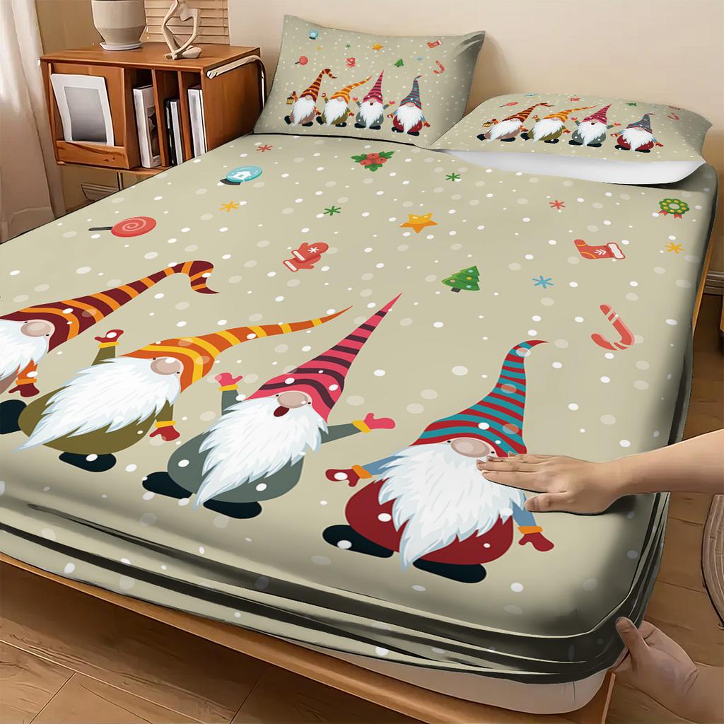 3-teiliges Weihnachtswichtel-Druck Spannbettlaken-Set in mehreren Größen, bequeme Bettdecke, Schlafzimmer-Bettwäsche-Dekoration, maschinenwaschbar