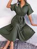 Summer Casual Loose Solid Color Tie-Up Long Shirt Dress for Women