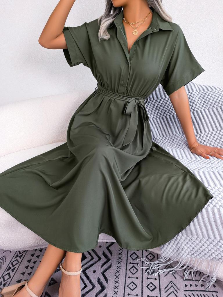 Summer Casual Loose Solid Color Tie-Up Long Shirt Dress for Women