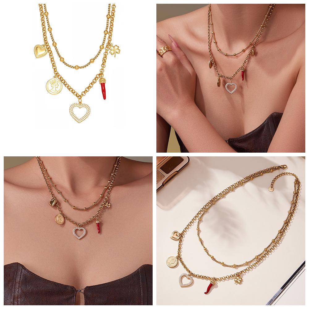 Qiong Yao 5A Zirconia Clover Heart Double Layer 18K Gold-Plated Necklace