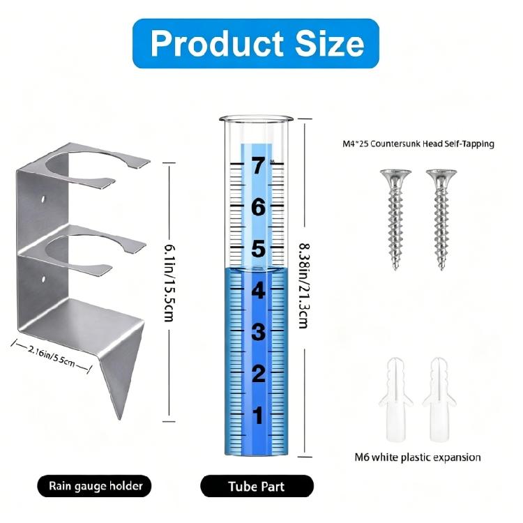 Lawn and Garden Rain Gauge with Clear Tube Wall Mount or Soil Insert Design Metal Holder and Included Hardware for Backyard Rain Tracking