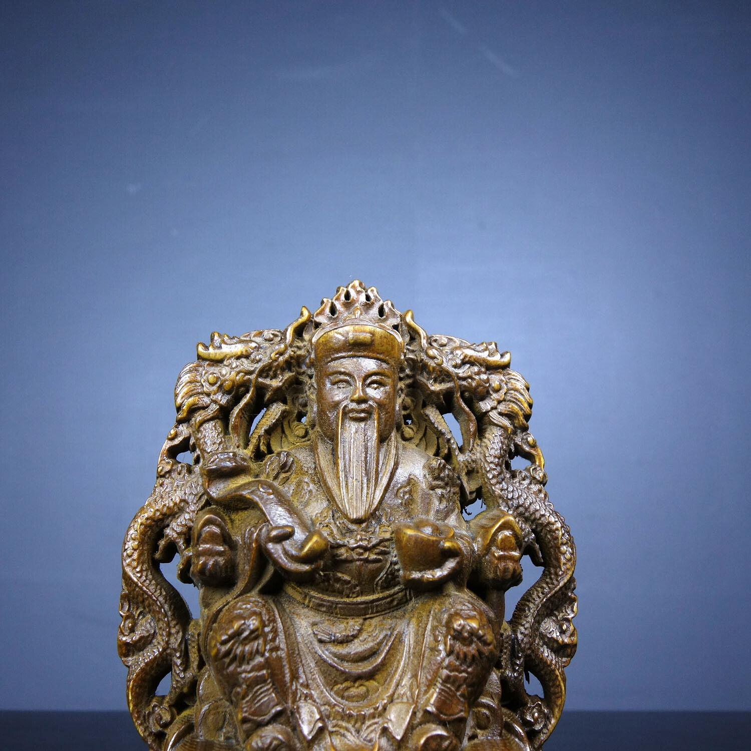 

Китайский самшит резной Бог богатства Будда Двусторонняя статуэтка Резьба Дракон CHINA