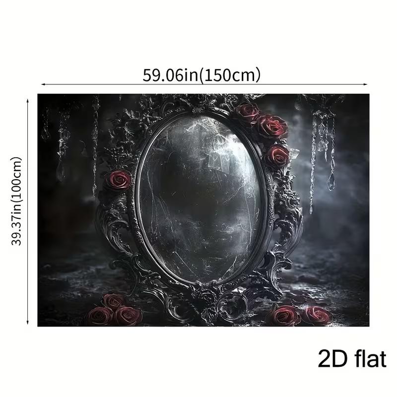 2D Spooky Gothic Backdrop, Cracked Black Mirror with Red Roses & Dark Mist Background Cloth