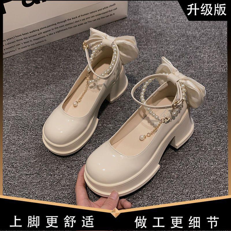 Sweet bow Mary Jane small leather shoes women's spring 2025 new thick-soled thick-heeled wedding shoes bridesmaid shoes