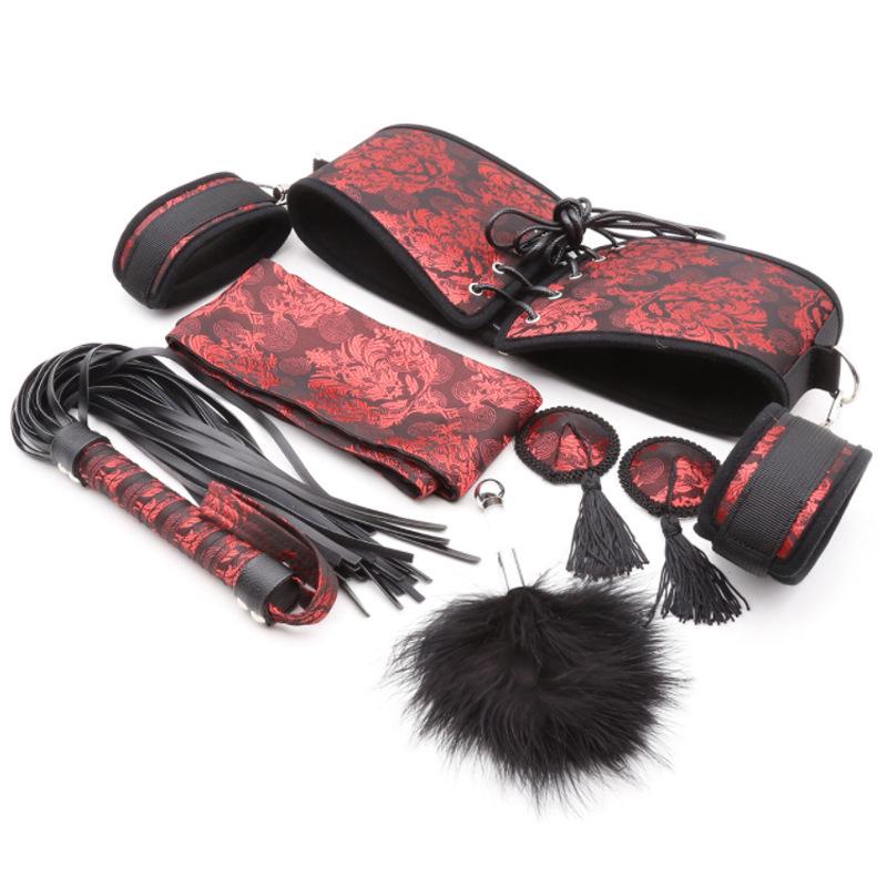 Retro Court Chinese Style Fabric Restraint Set: Foot Cuffs, Gag Ball, Eye Mask, Leash, Collar.