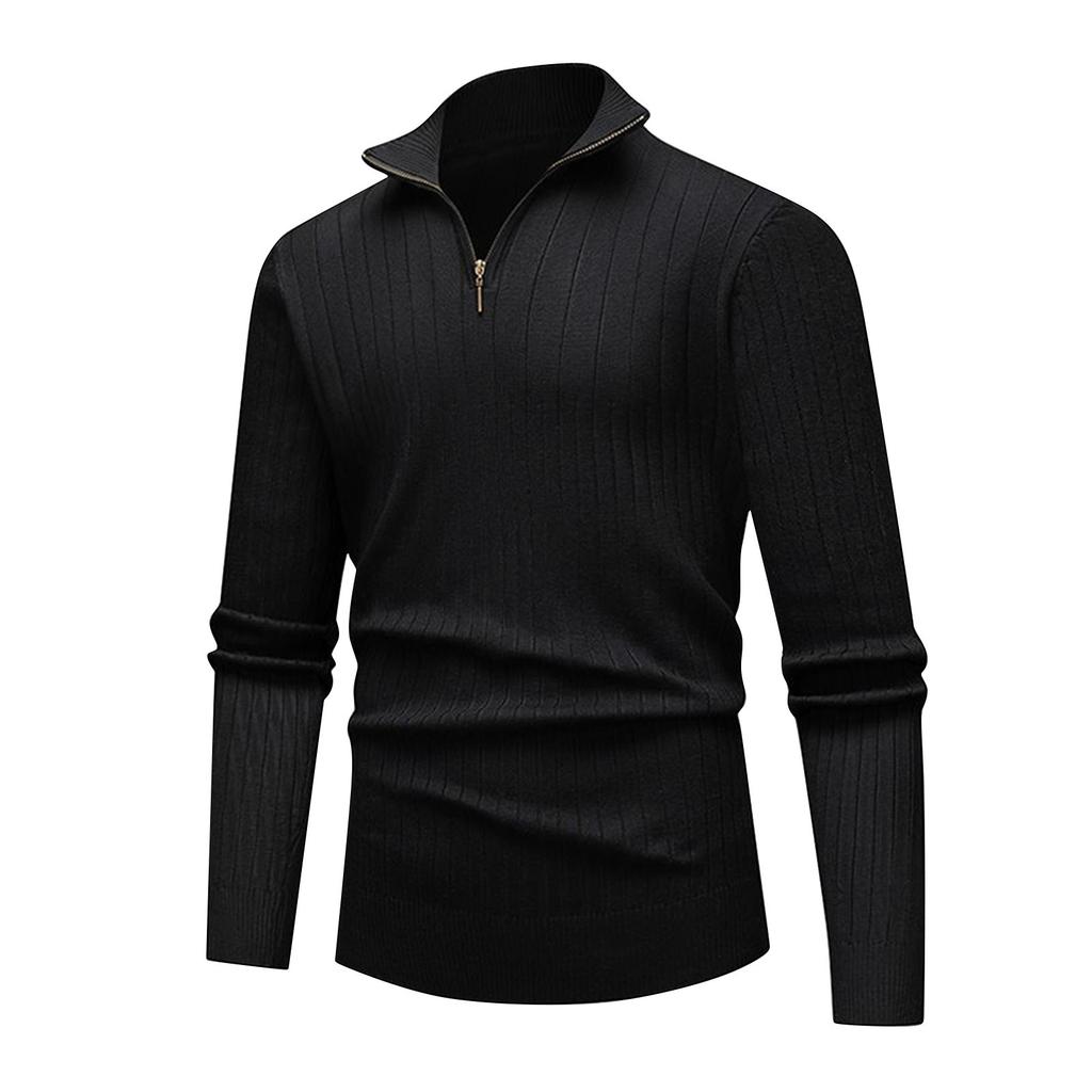 Men's Solid Color Knitted Zipper Stand Collar Long Sleeve Top Men's Casual Fashion Long Sleeve Top