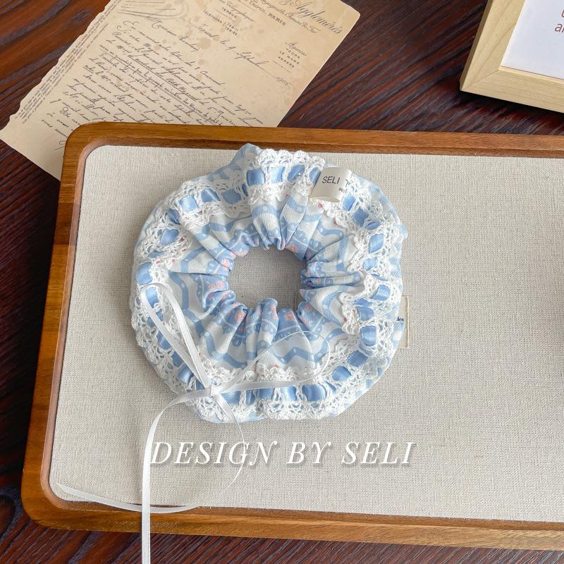 Milky Blue Rabbit College Style Sweet Scrunchie Cute French Lace Hair Accessories