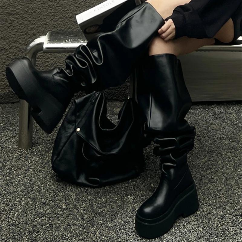 

Зимние массивные женские ботфорты до колена, модные слипоны с плиссировкой, длинные ботильоны, квадратные каблуки, туфли для вечеринки, женская обувь 35 чёрный