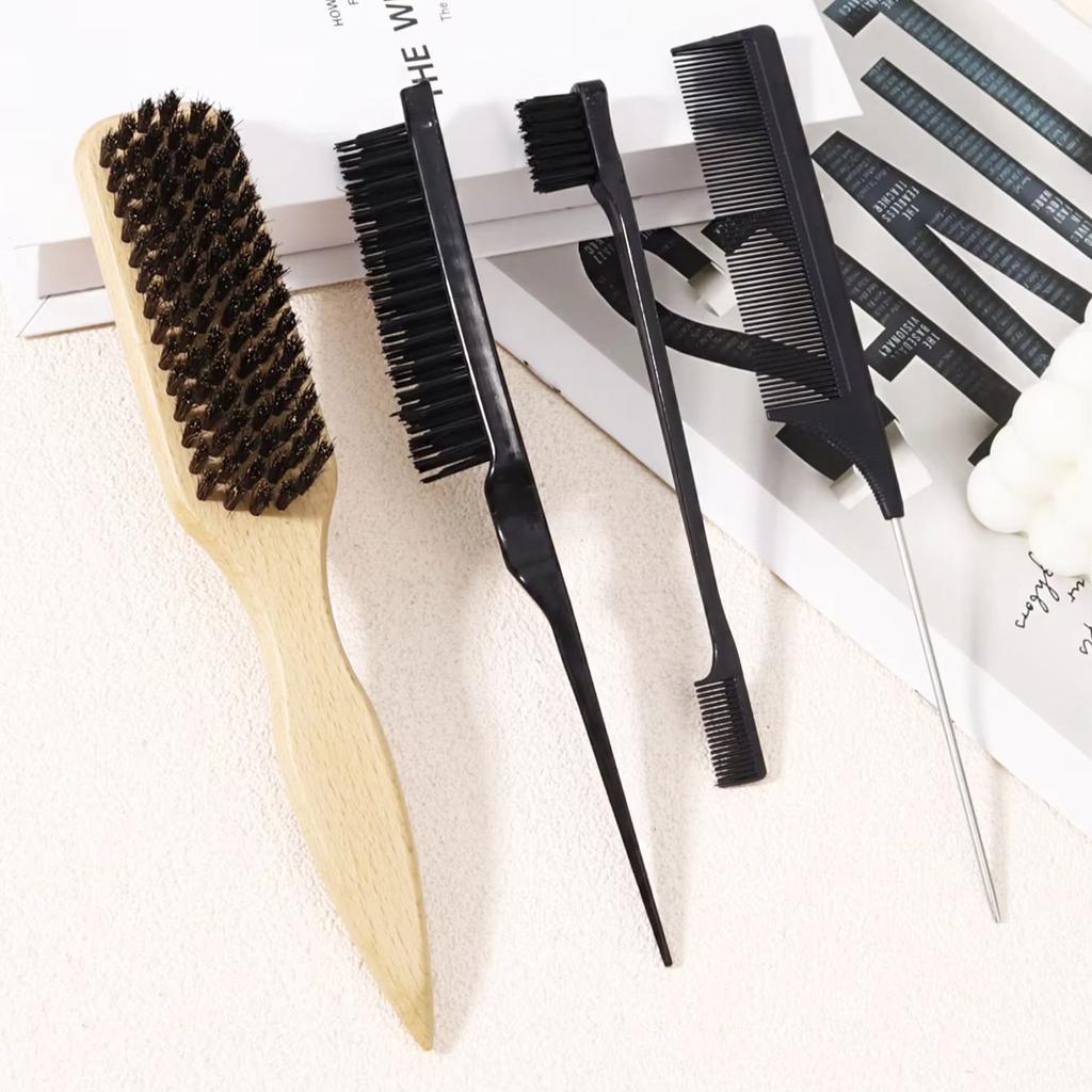 4-piece set of neutral hairstyle design tools - edge control brush and comb kit, used for combing and smoothing hair
