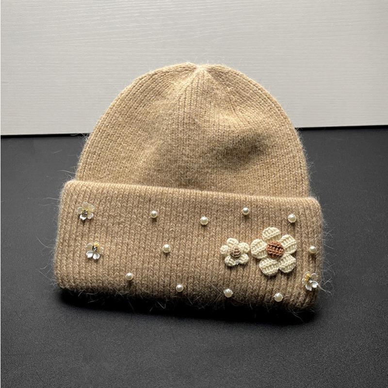 New Cute Flower Rabbit Wool Knitted Hat Autumn and Winter Thickened Warm Plush Fashionable Wool Hat Women Showing Their Face Cold Hat