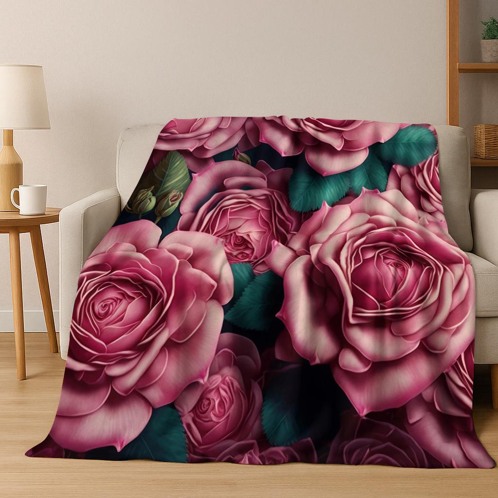 Nordic Luxury Rose Colorful Flower Flannel Blanket Soft Warm Blanket for Bedroom Room Living Room Bed Travel Camping Picnic Gift