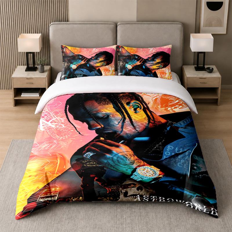 3Pcs Bed Set,Travis Scott 1 Duvet Cover and 2 Pillowcases, Printed Bedding Decor For Guest Room