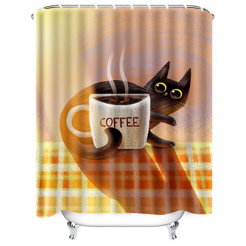 Coffee Cup Shower Curtain With Black Cat Design For Bathroom Decor Cartoon Print Home Accessories Towel Background