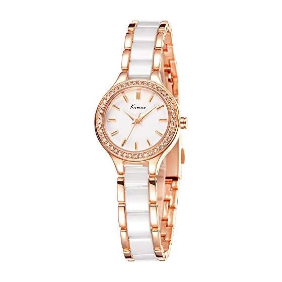 KIMIO K6121 Women's Watch Simple Watch White Ceramic Rose Gold Watch Band Diamond Dial Ladies Watch Watch for Women