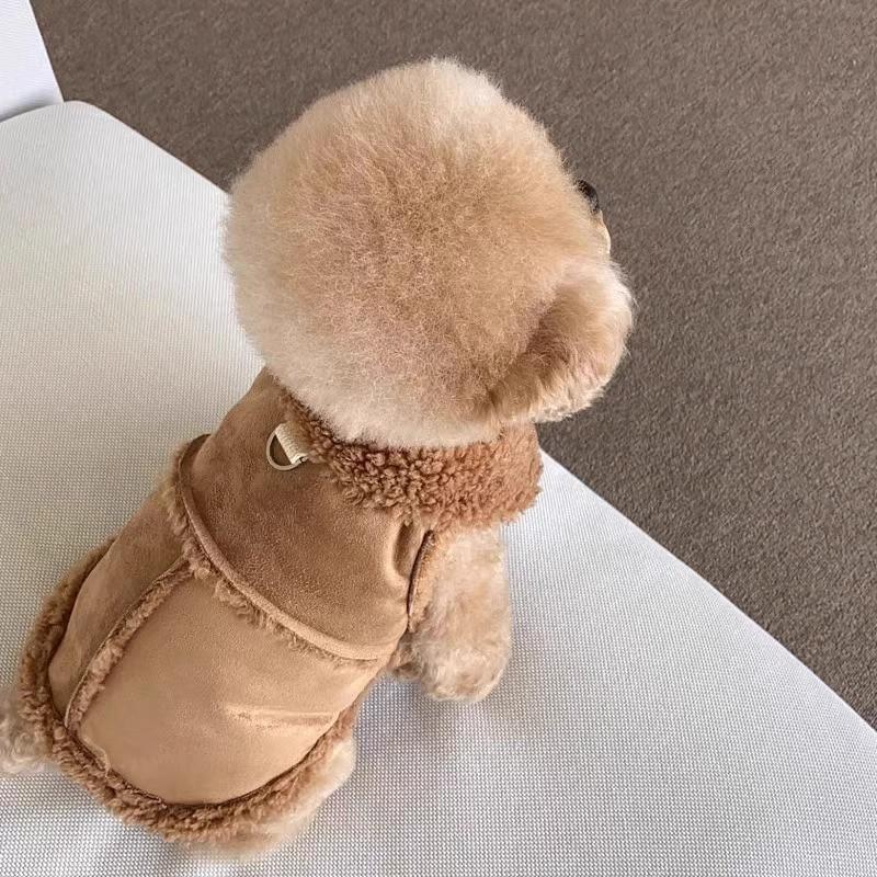 Brown Suede-Like Dog Vest Small Breeds Like Bichon Frise Teddy Warm Winter Coat With Leash Attachment