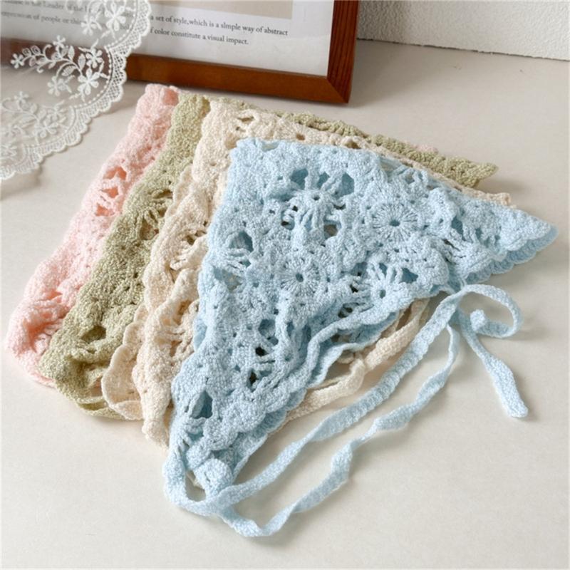 Lace Crochet Flower Triangled Scarf Head Wrap Lightweight Breathable Knit Hair Bandana Delicate Style Photography Accessory