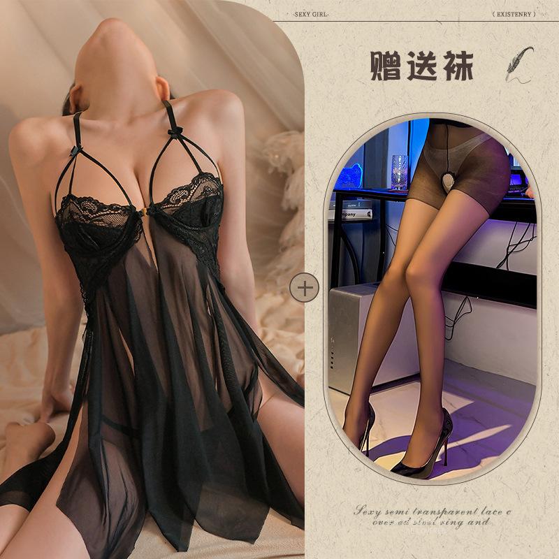 Large Size Erotic Underwear Sexy Lace Temptation Suspender Nightdress Hot Hollow Split Petal Skirt Women's Transparent Pajamas