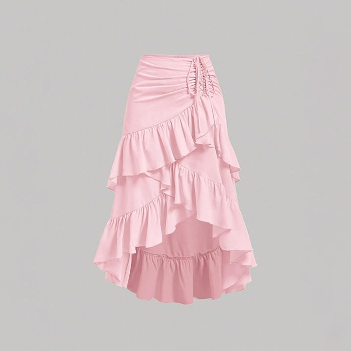 Women Spring Fall High Waist Gathered Bodycon Skirt with Ruffle Hem & Draped Detail