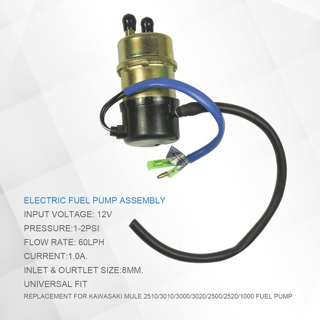 Electric Fuel Pump 12v (8mm In/Outlet) Compatible with Kawasaki Mule 3000 3010 3020 2520 2500 2510 1000 Repalce 49040-1055 KAF620 KF620