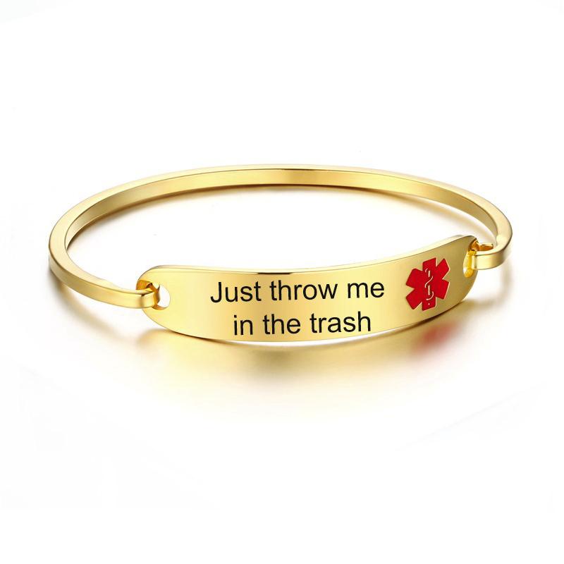When I'm Dead Just Throw Me in The Trash Medical Alert ID Bracelets for Women Stainless Steel Elegant Personalize Cuff Bangle