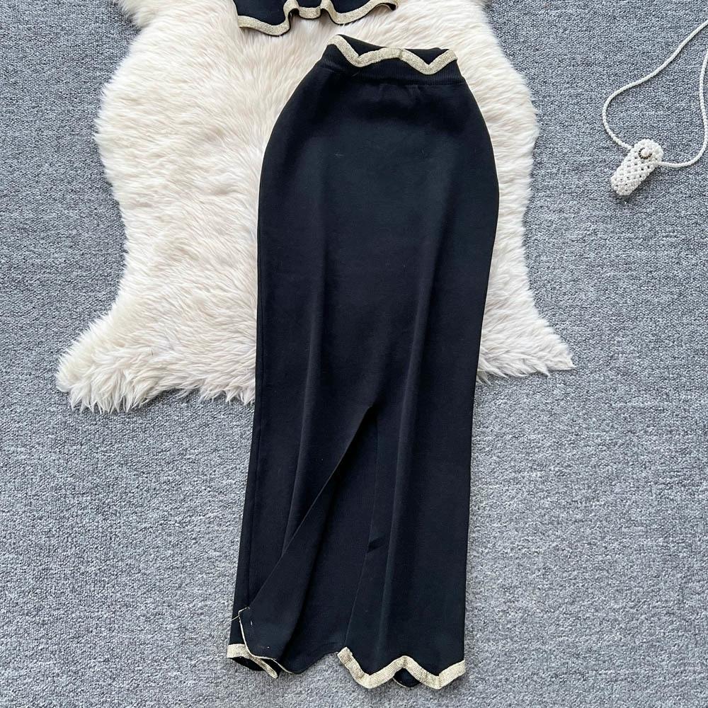Letní dámský designový černý pletený svetr dvoudílný set krátký top tílko a dlouhá maxi pouzdrová sukně oblek