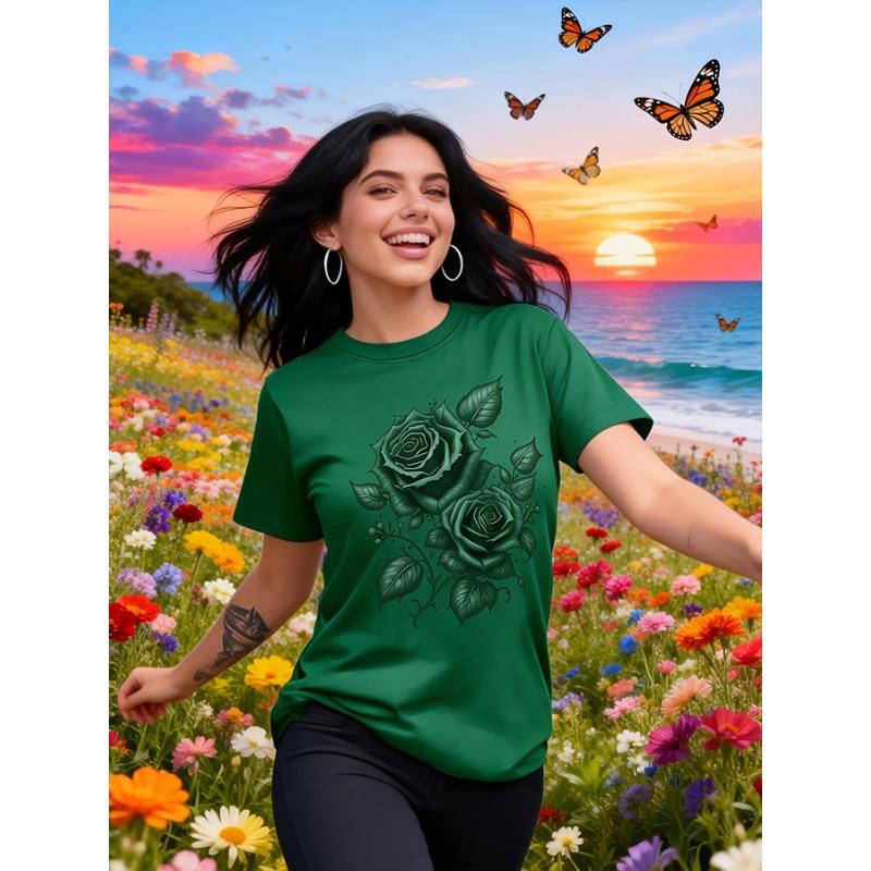 Yellow rose pattern printed T-shirt, short sleeved round neck casual top for summer and spring, women s clothing S