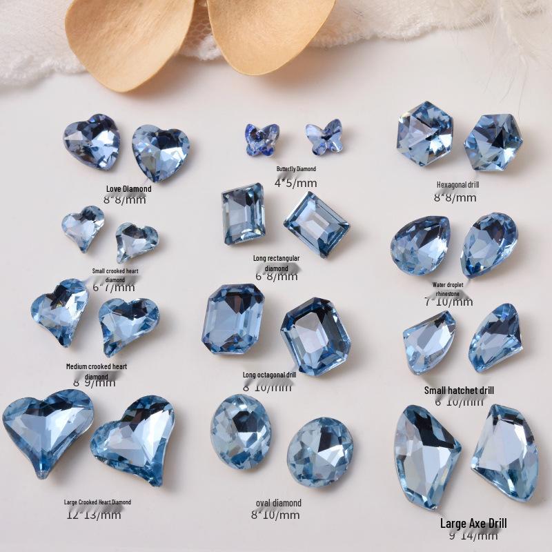 Elegant Blue Crystal Nail Art - Large & Irregular Rhinestone Accessories with Crooked Peach Hearts