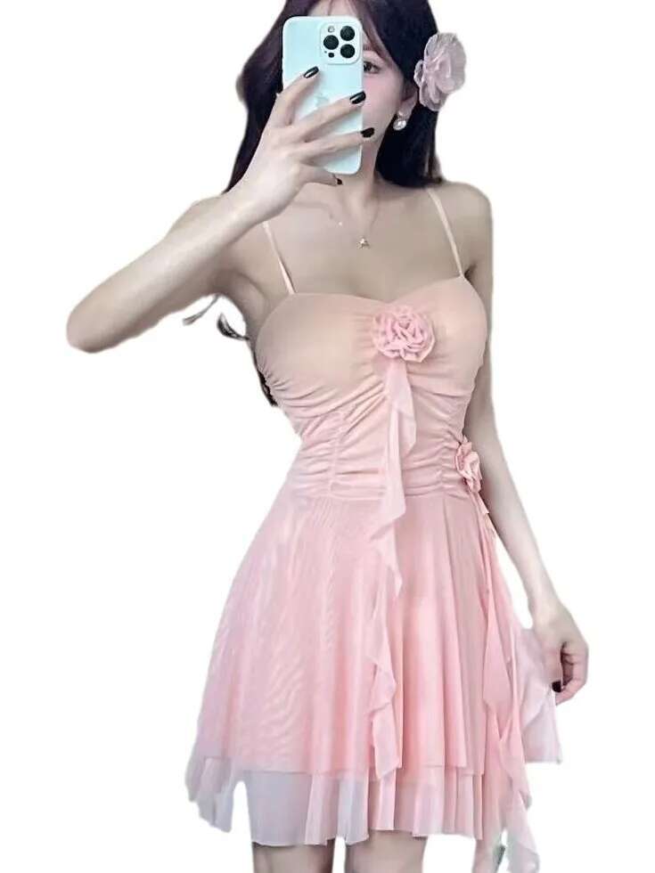 Sexy Flower Ribbon Ruffle Suspender Dress Female Sexy Waist Cinched Nightgown Chubby Girl Dress Elegant Sweet Sexy Women Top S1J