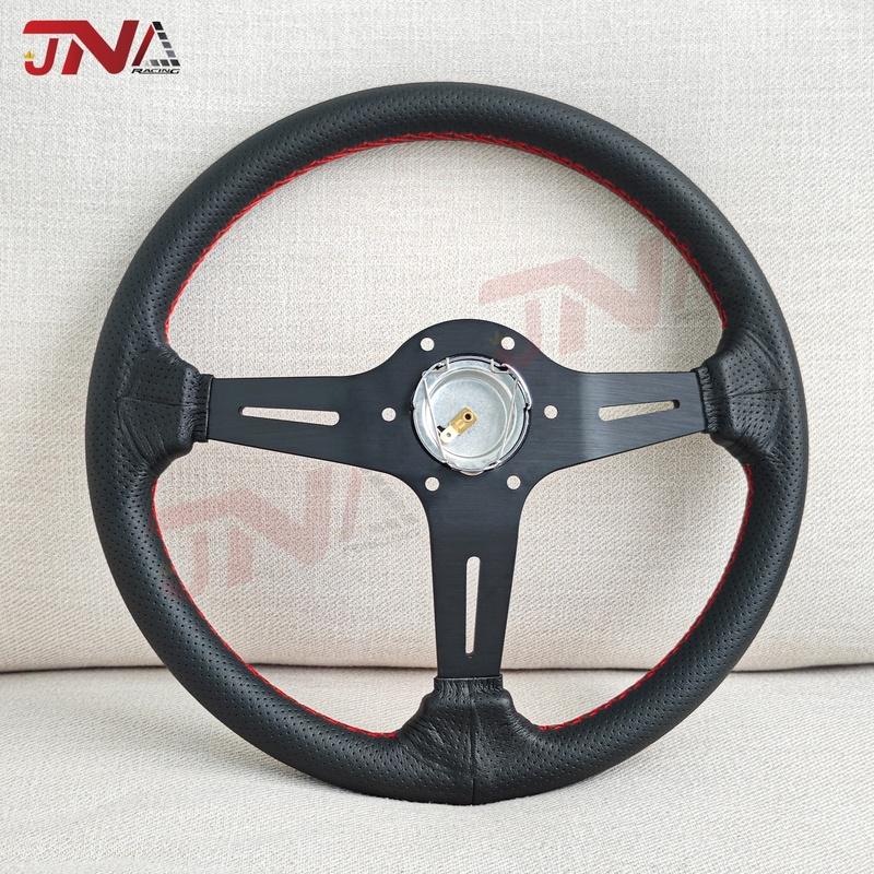 14inch 350mm Aluminum Spoke Perforated Leather Auto Racing Steering Wheel Deep Corn Drifting Sport Steering Wheel Red Line