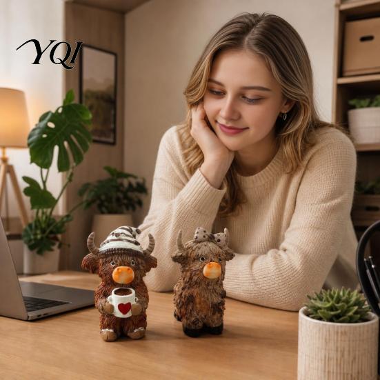 Artistic Farmhouse Tabletop Ornaments Highland Cow Figurine, Resin Coffee Statue for Home Decor, Unique Themed Gifts Country Style Ornament