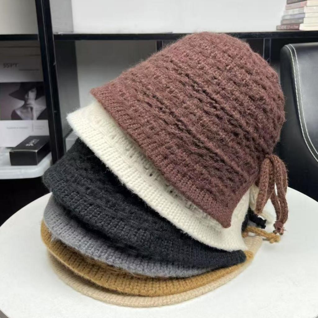 Back split bow shows small face Korean knitted bucket hat basin hat women's autumn and winter sweet warm ear protection bucket hat
