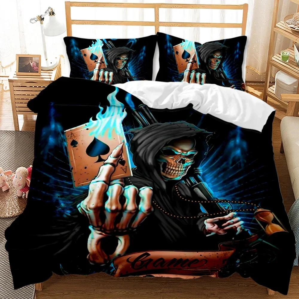 Skull Duvet Cover Set God Of Gamblers Bedding Set Poker Skeletonteens Adults Skull Double Queen King Size Polyester Qulit Cover