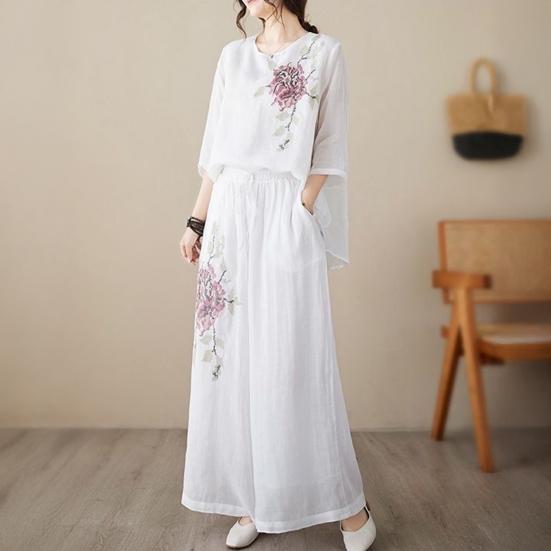 Damen 2-teilige Outfits 3/4 Ärmel Vintage Bestickte Hemden Weite Hosen Set Sommer Baumwolle Leinen Lässig Passendes Set