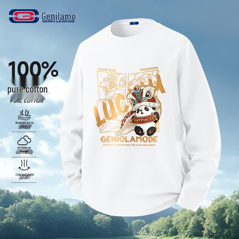 GENIOLAMODE Men s Chinese Style Panda Print Long Sleeve T-Shirt 2XL
